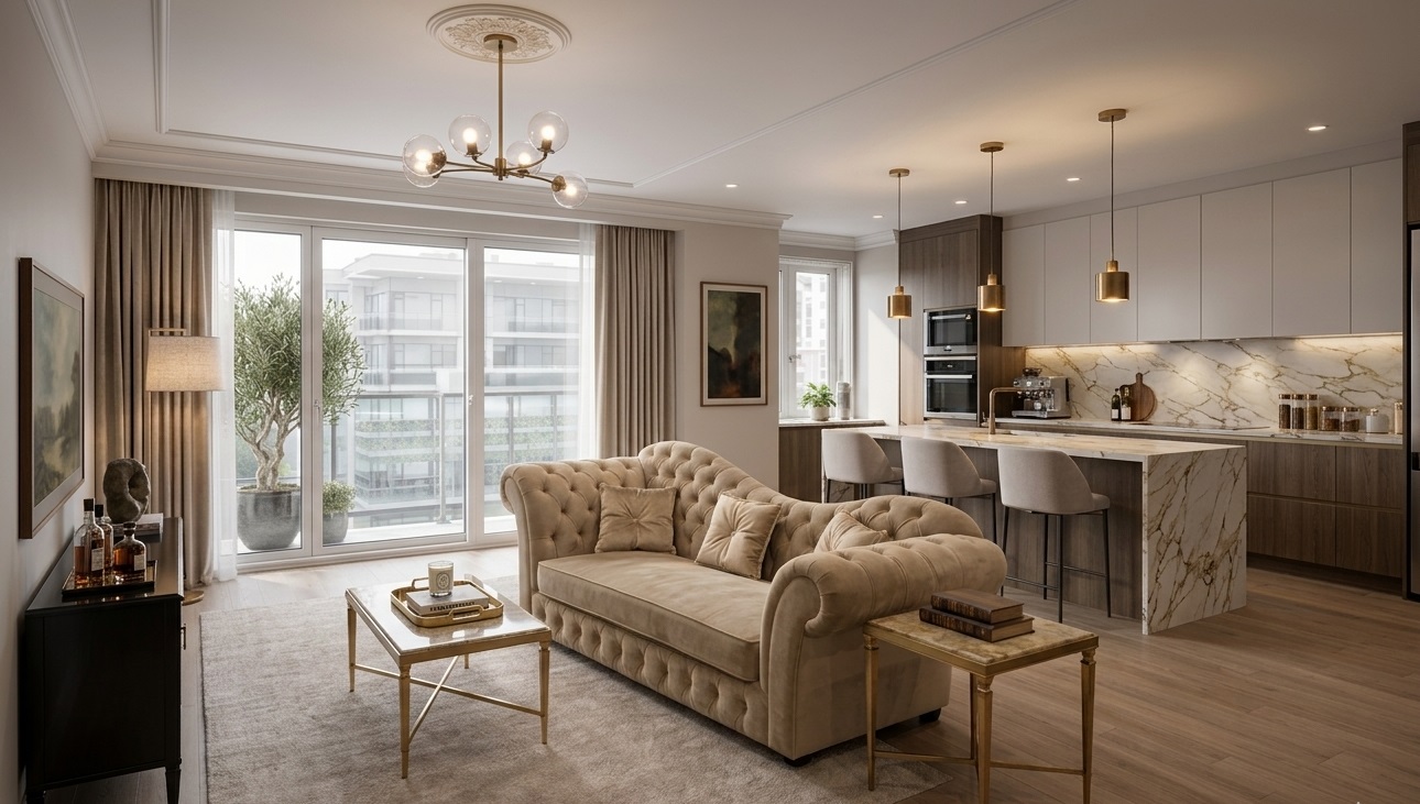 Elegancka pikowana sofa i marmurowy stolik na złotych nóżkach w salonie w stylu Quiet Luxury